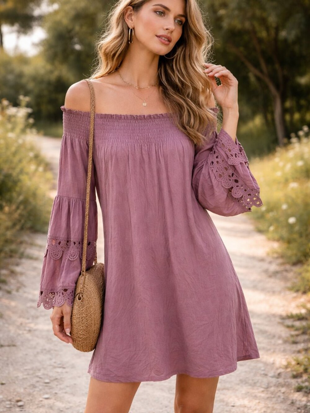 Lapis Boho Dress Women Medium Pink Knit Crochet Smocked Cottagecore Festival